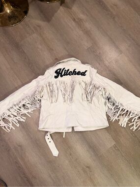 Nasty Gal White Fringe Leather Jacket with 'Hitched' Script